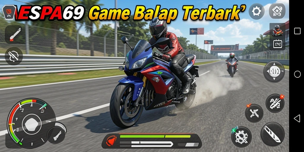 Tangkapan layar VESPA69 menampilkan aksi balap motor yang menegangkan.
